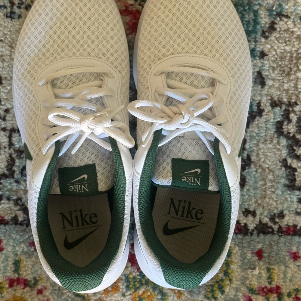 Nike White and Green Tanjun Athletic Shoes